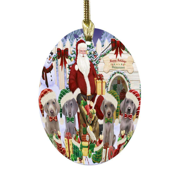 Happy Holidays Christmas Weimaraners Dog House Gathering Oval Glass Christmas Ornament OGOR49734