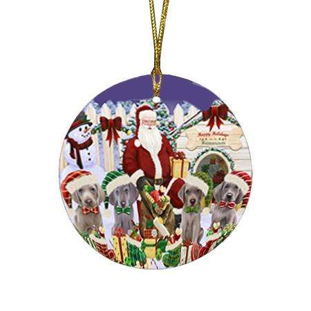 Happy Holidays Christmas Weimaraners Dog House Gathering Round Flat Christmas Ornament RFPOR51463