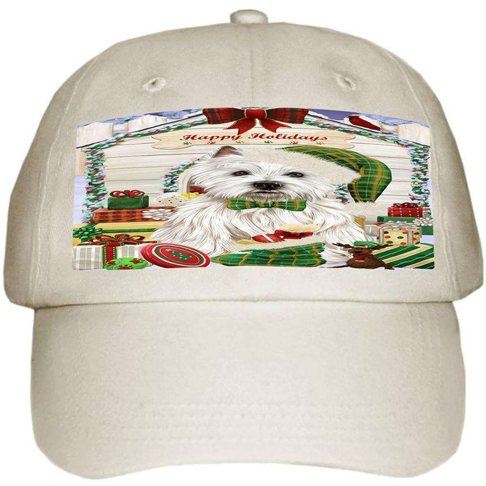 Happy Holidays Christmas West Highland Terrier Dog House with Presents Ball Hat Cap HAT58329