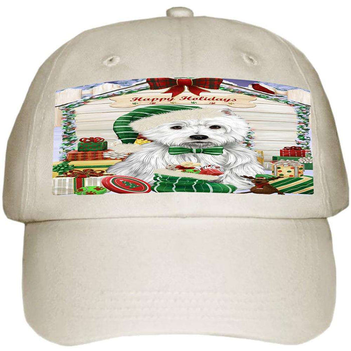 Happy Holidays Christmas West Highland Terrier Dog House with Presents Ball Hat Cap HAT58332