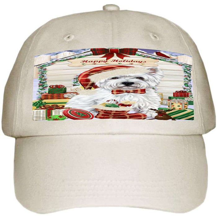 Happy Holidays Christmas West Highland Terrier Dog House with Presents Ball Hat Cap HAT58335