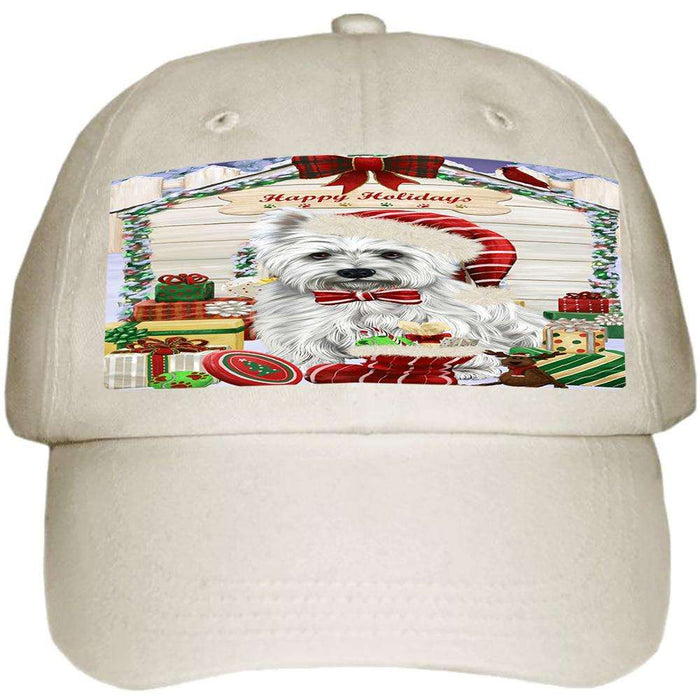 Happy Holidays Christmas West Highland Terrier Dog House with Presents Ball Hat Cap HAT58338