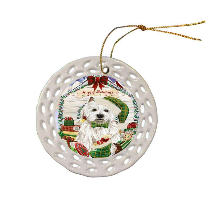 Happy Holidays Christmas West Highland Terrier Dog House With Presents Ceramic Doily Ornament DPOR51532