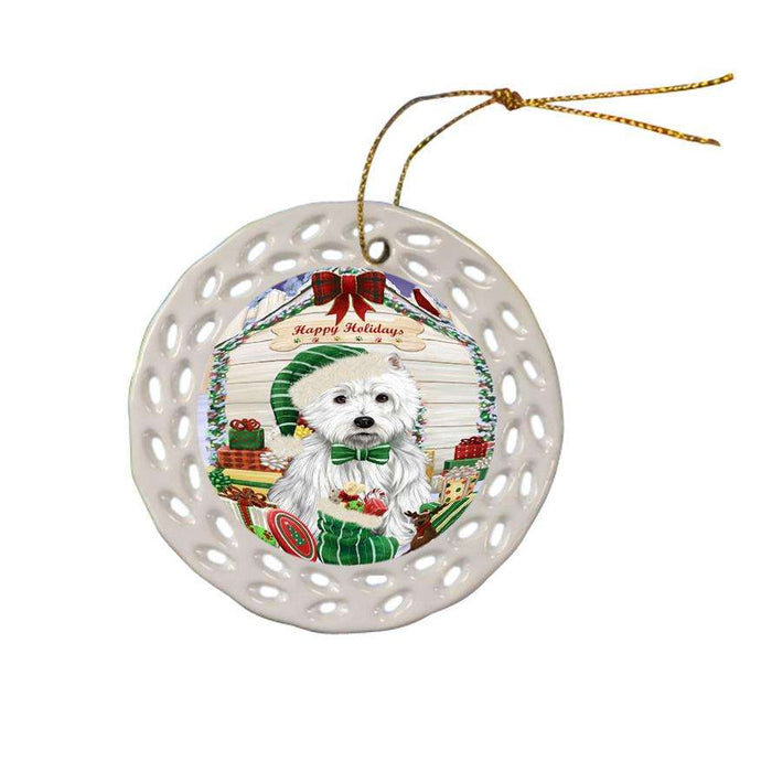 Happy Holidays Christmas West Highland Terrier Dog House With Presents Ceramic Doily Ornament DPOR51533