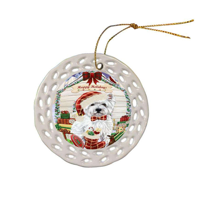 Happy Holidays Christmas West Highland Terrier Dog House With Presents Ceramic Doily Ornament DPOR51534