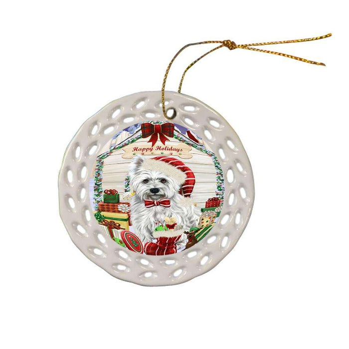 Happy Holidays Christmas West Highland Terrier Dog House With Presents Ceramic Doily Ornament DPOR51535