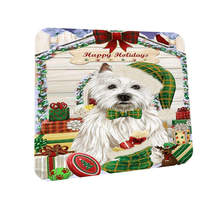 Happy Holidays Christmas West Highland Terrier Dog House With Presents Coasters Set of 4 CST51491