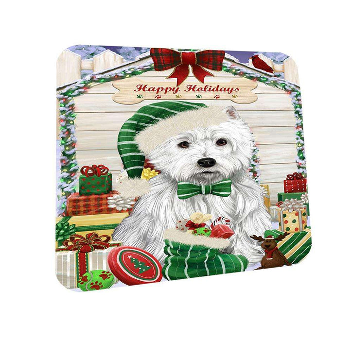 Happy Holidays Christmas West Highland Terrier Dog House With Presents Coasters Set of 4 CST51492