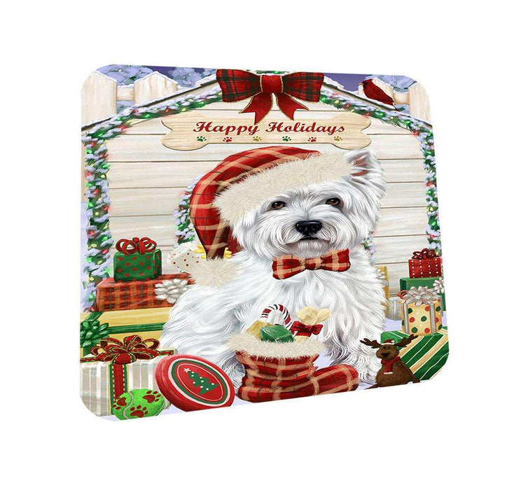 Happy Holidays Christmas West Highland Terrier Dog House With Presents Coasters Set of 4 CST51493