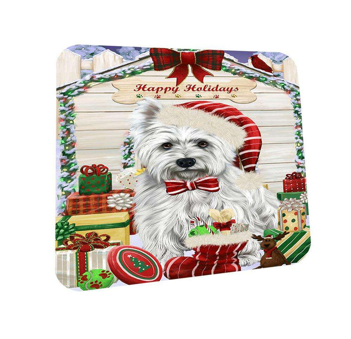 Happy Holidays Christmas West Highland Terrier Dog House With Presents Coasters Set of 4 CST51494