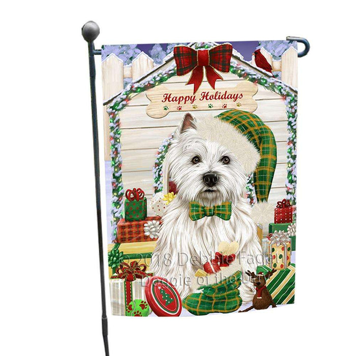 Happy Holidays Christmas West Highland Terrier Dog House With Presents Garden Flag GFLG51529