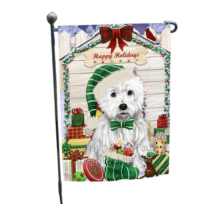 Happy Holidays Christmas West Highland Terrier Dog House With Presents Garden Flag GFLG51530