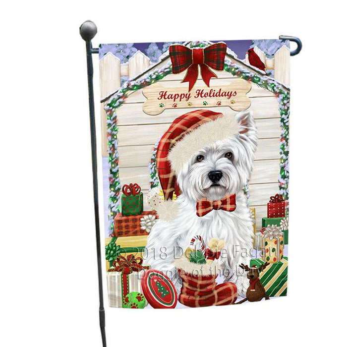 Happy Holidays Christmas West Highland Terrier Dog House With Presents Garden Flag GFLG51531