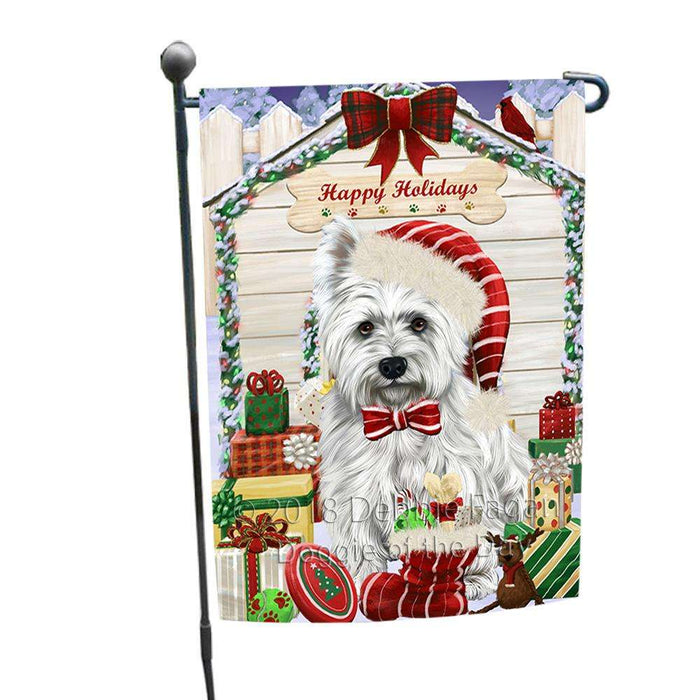 Happy Holidays Christmas West Highland Terrier Dog House With Presents Garden Flag GFLG51532