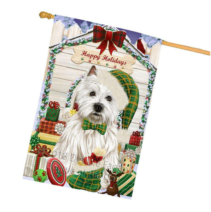 Happy Holidays Christmas West Highland Terrier Dog House With Presents House Flag FLG51665