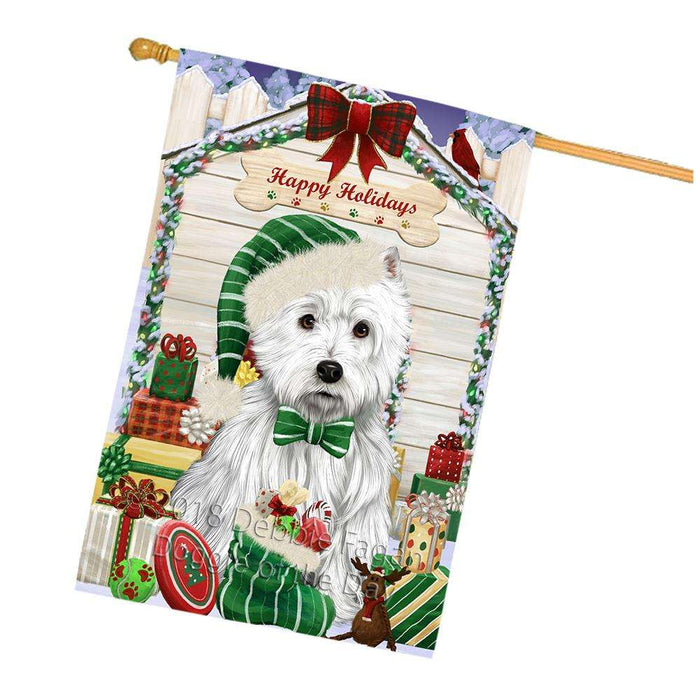 Happy Holidays Christmas West Highland Terrier Dog House With Presents House Flag FLG51666