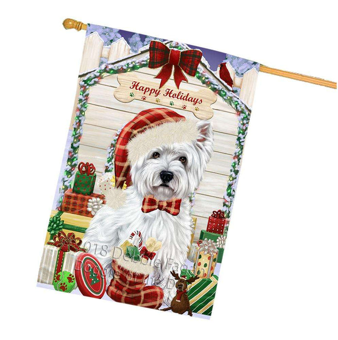 Happy Holidays Christmas West Highland Terrier Dog House With Presents House Flag FLG51667