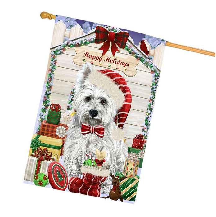 Happy Holidays Christmas West Highland Terrier Dog House With Presents House Flag FLG51668
