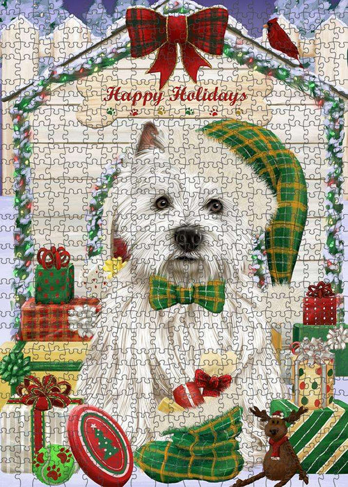 Happy Holidays Christmas West Highland Terrier Dog House with Presents Puzzle with Photo Tin PUZL58683