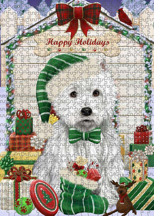 Happy Holidays Christmas West Highland Terrier Dog House with Presents Puzzle with Photo Tin PUZL58686