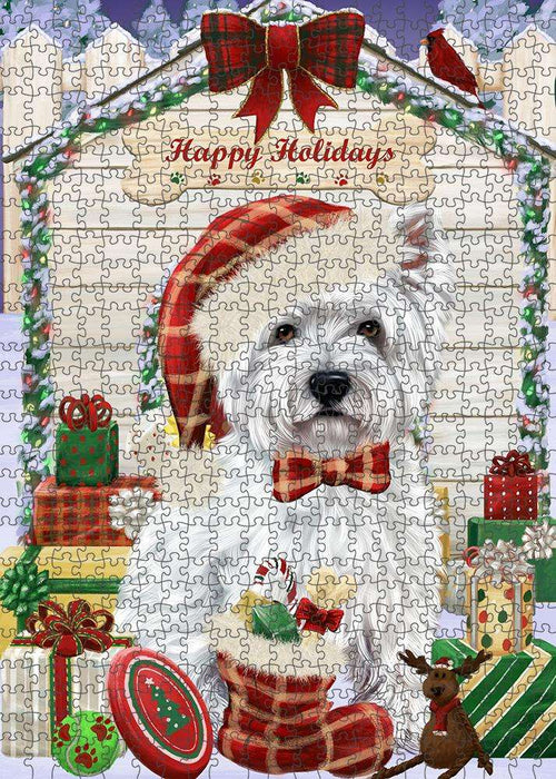 Happy Holidays Christmas West Highland Terrier Dog House with Presents Puzzle with Photo Tin PUZL58689