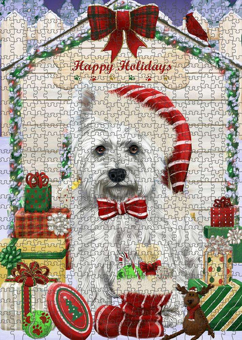 Happy Holidays Christmas West Highland Terrier Dog House with Presents Puzzle with Photo Tin PUZL58692