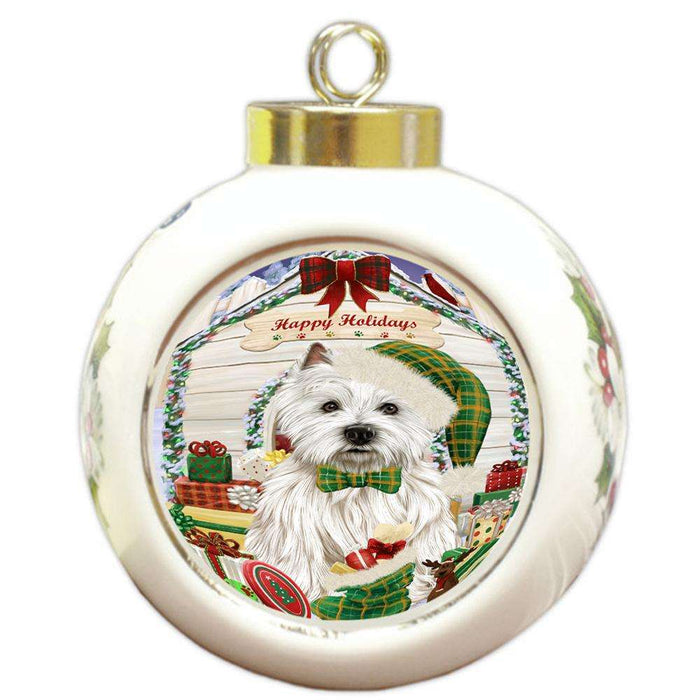 Happy Holidays Christmas West Highland Terrier Dog House With Presents Round Ball Christmas Ornament RBPOR51532
