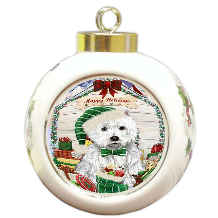 Happy Holidays Christmas West Highland Terrier Dog House With Presents Round Ball Christmas Ornament RBPOR51533