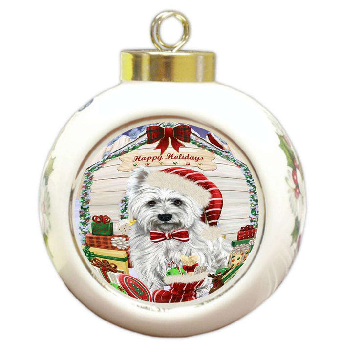 Happy Holidays Christmas West Highland Terrier Dog House With Presents Round Ball Christmas Ornament RBPOR51535