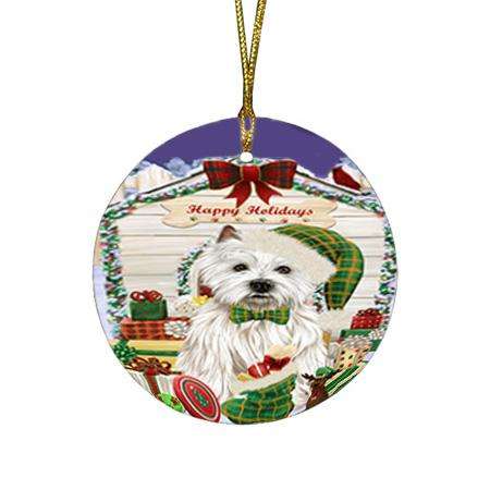 Happy Holidays Christmas West Highland Terrier Dog House With Presents Round Flat Christmas Ornament RFPOR51523