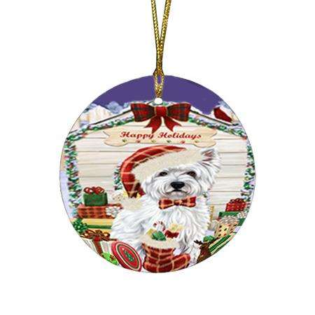 Happy Holidays Christmas West Highland Terrier Dog House With Presents Round Flat Christmas Ornament RFPOR51525