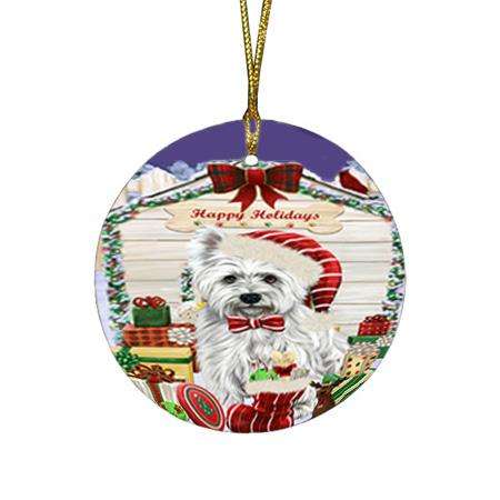 Happy Holidays Christmas West Highland Terrier Dog House With Presents Round Flat Christmas Ornament RFPOR51526