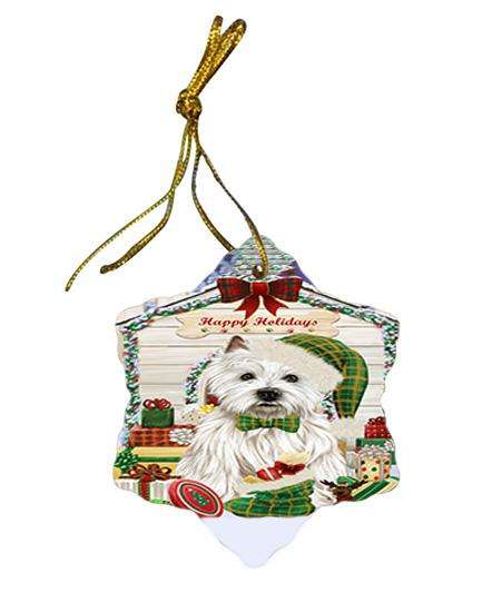 Happy Holidays Christmas West Highland Terrier Dog House With Presents Star Porcelain Ornament SPOR51523