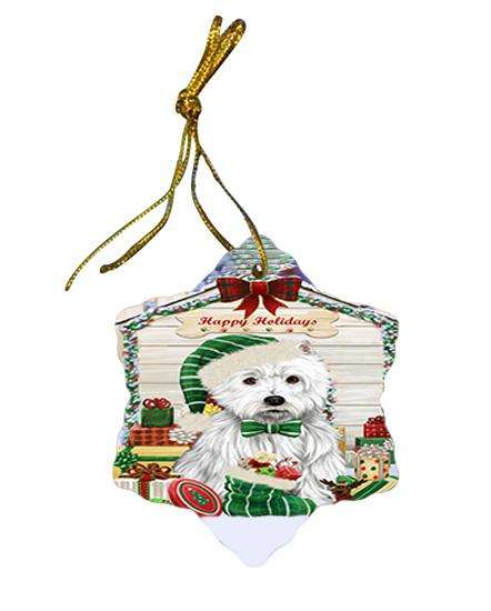 Happy Holidays Christmas West Highland Terrier Dog House With Presents Star Porcelain Ornament SPOR51524