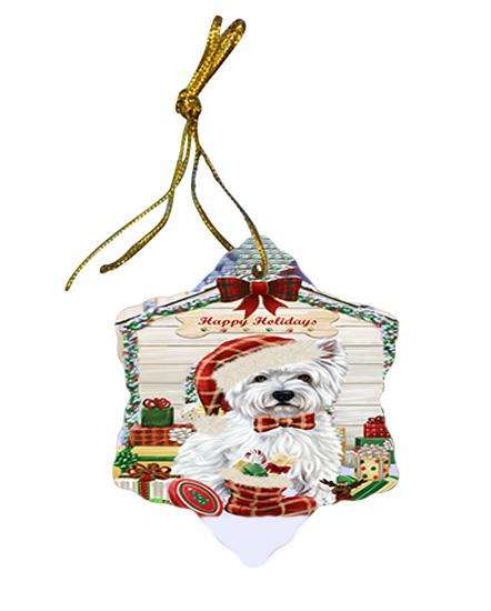 Happy Holidays Christmas West Highland Terrier Dog House With Presents Star Porcelain Ornament SPOR51525