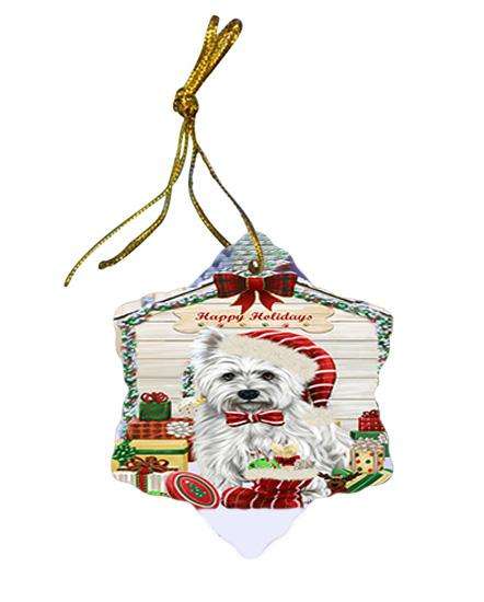 Happy Holidays Christmas West Highland Terrier Dog House With Presents Star Porcelain Ornament SPOR51526