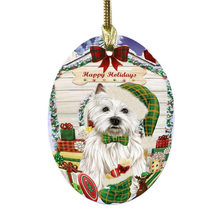 Happy Holidays Christmas West Highland Terrier House With Presents Oval Glass Christmas Ornament OGOR49994