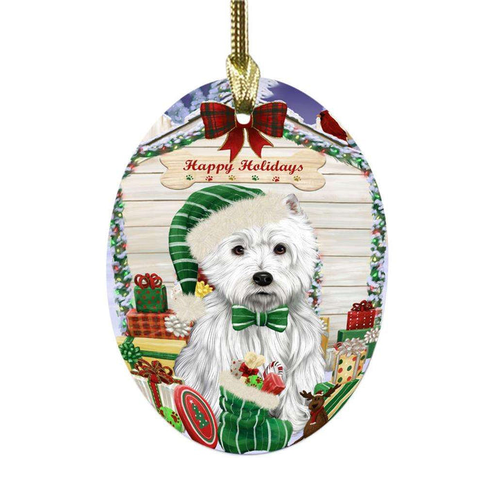 Happy Holidays Christmas West Highland Terrier House With Presents Oval Glass Christmas Ornament OGOR49995