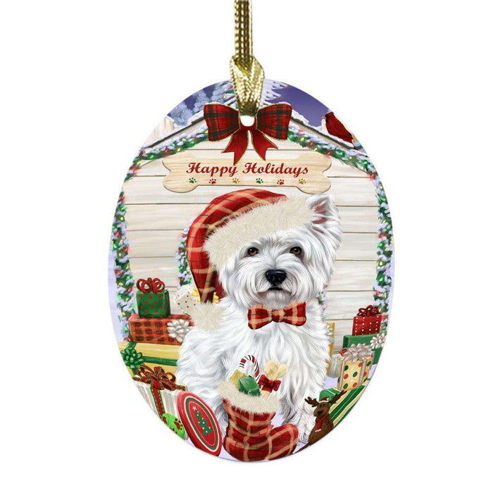 Happy Holidays Christmas West Highland Terrier House With Presents Oval Glass Christmas Ornament OGOR49996