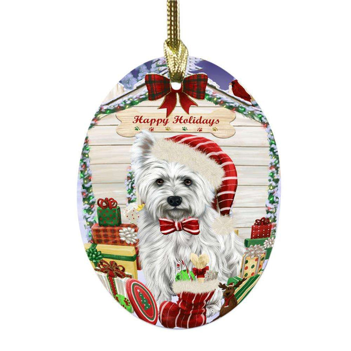 Happy Holidays Christmas West Highland Terrier House With Presents Oval Glass Christmas Ornament OGOR49997