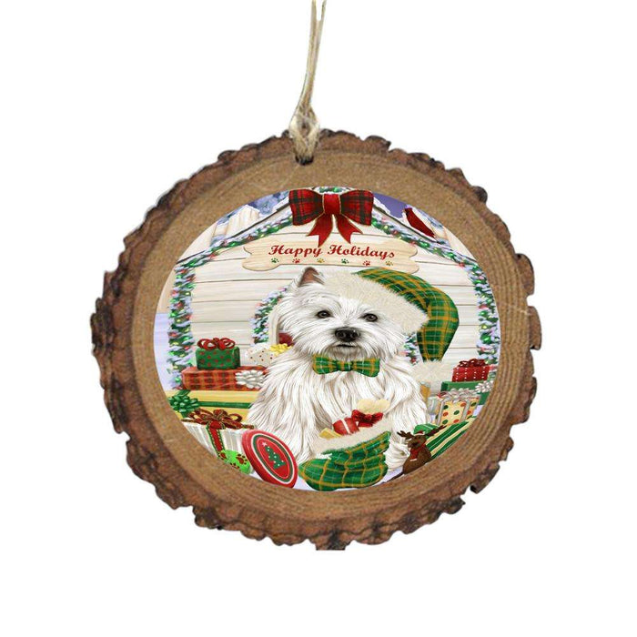 Happy Holidays Christmas West Highland Terrier House With Presents Wooden Christmas Ornament WOR49994