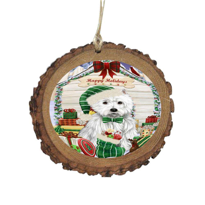 Happy Holidays Christmas West Highland Terrier House With Presents Wooden Christmas Ornament WOR49995