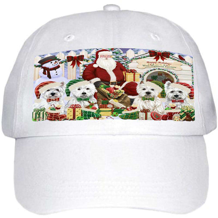 Happy Holidays Christmas West Highland Terriers Dog House Gathering Ball Hat Cap HAT58152