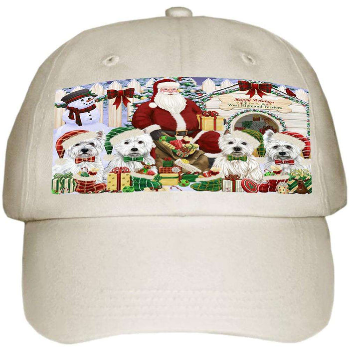 Happy Holidays Christmas West Highland Terriers Dog House Gathering Ball Hat Cap HAT58152