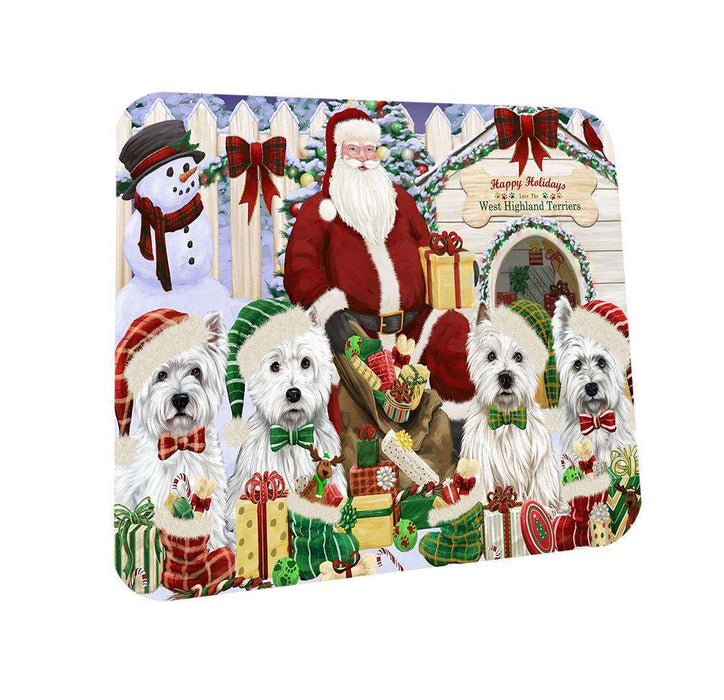 Happy Holidays Christmas West Highland Terriers Dog House Gathering Coasters Set of 4 CST51432