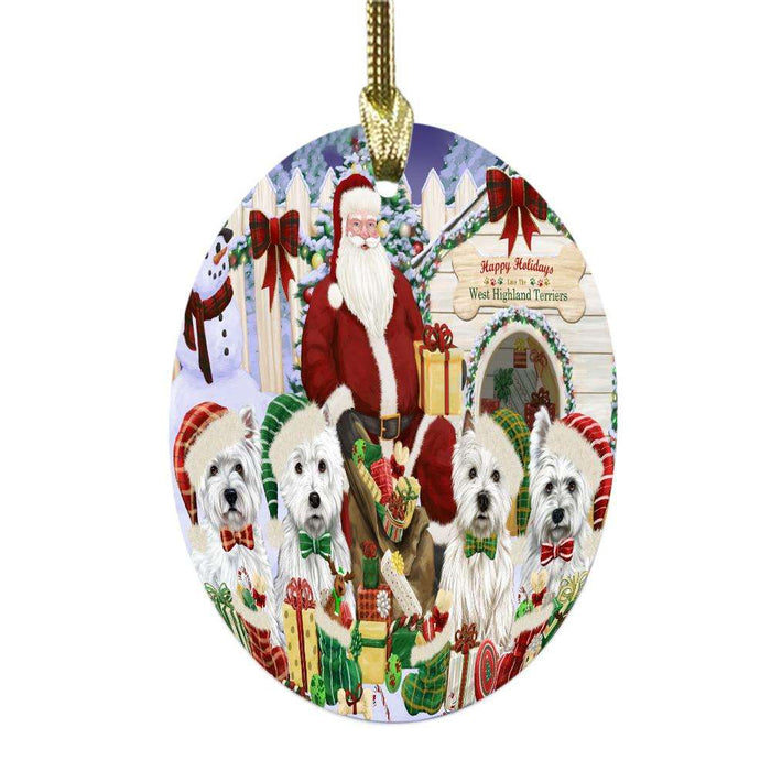 Happy Holidays Christmas West Highland Terriers Dog House Gathering Oval Glass Christmas Ornament OGOR49735