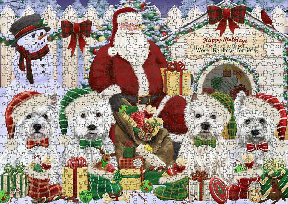Happy Holidays Christmas West Highland Terriers Dog House Gathering Puzzle with Photo Tin PUZL58506