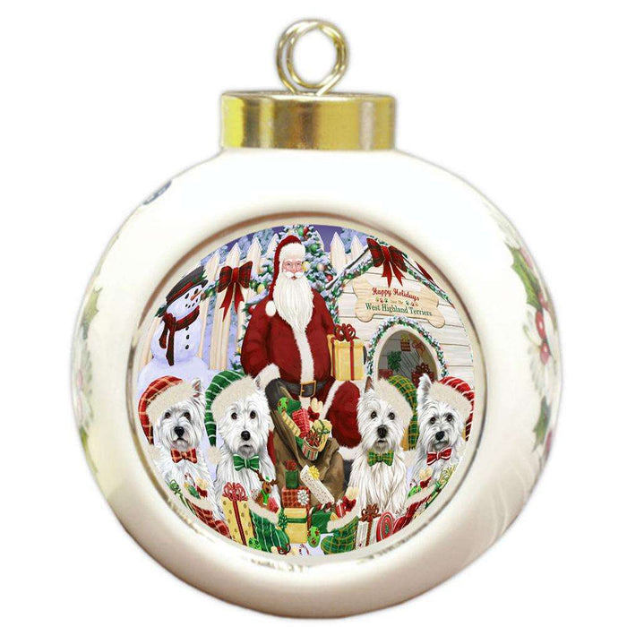 Happy Holidays Christmas West Highland Terriers Dog House Gathering Round Ball Christmas Ornament RBPOR51473