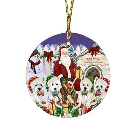 Happy Holidays Christmas West Highland Terriers Dog House Gathering Round Flat Christmas Ornament RFPOR51464