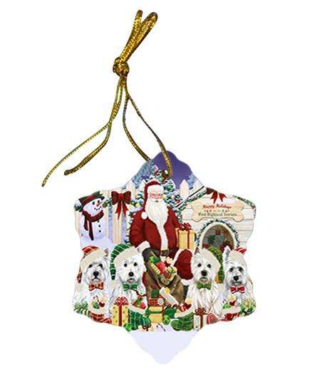 Happy Holidays Christmas West Highland Terriers Dog House Gathering Star Porcelain Ornament SPOR51464
